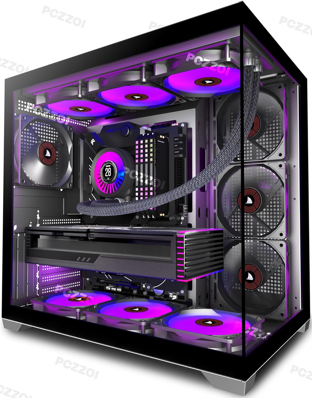 Boîtier PC - 4 ventilateurs préinstallés, boîtier de jeu ATX Mid Tower - Boîtier d'ordinateur avec partie latérale ouverte en verre trempé noir G500