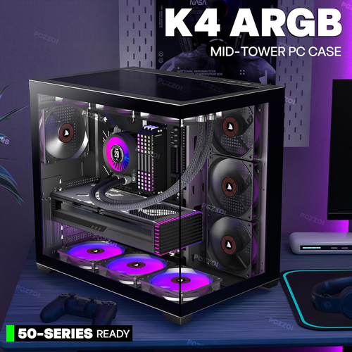 Boîtier PC - 4 ventilateurs préinstallés, boîtier de jeu ATX Mid Tower - Boîtier d'ordinateur avec partie latérale ouverte en verre trempé noir G500