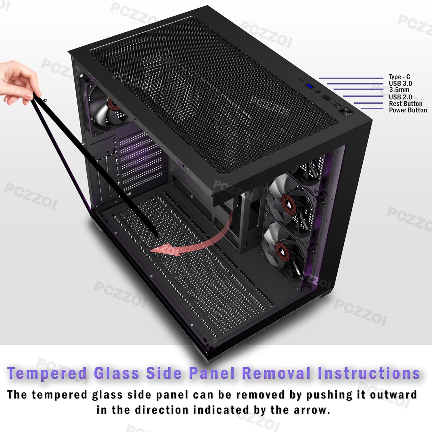 Boîtier PC - 4 ventilateurs préinstallés, boîtier de jeu ATX Mid Tower - Boîtier d'ordinateur avec partie latérale ouverte en verre trempé noir G500
