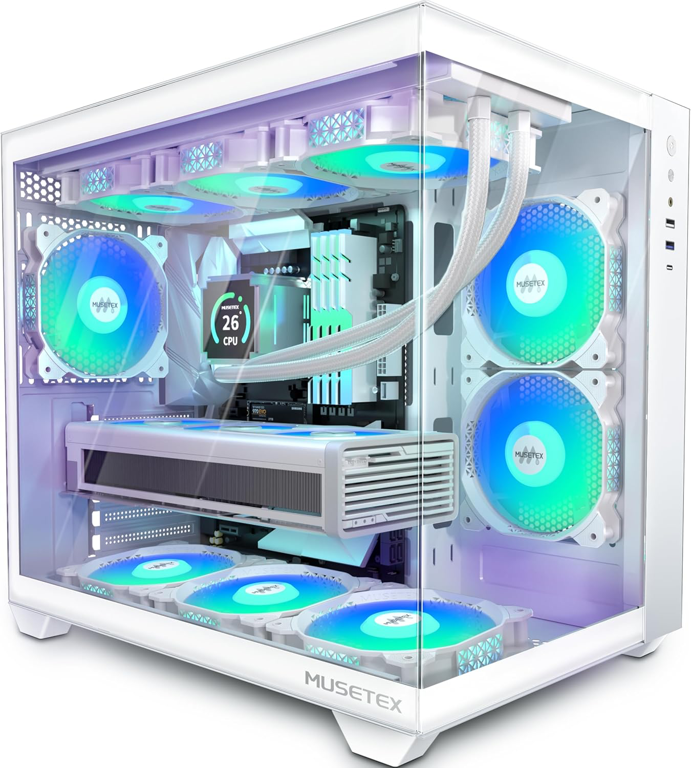 MUSETEX Boitier PC ATX,6 Ventilateurs PWM ARGB préinstallés,Support RAD 360MM Boitier PC Gamer,Type-C 270° Full View Verre trempé Mid Tower ATX Boîtiers PC, White, Y6