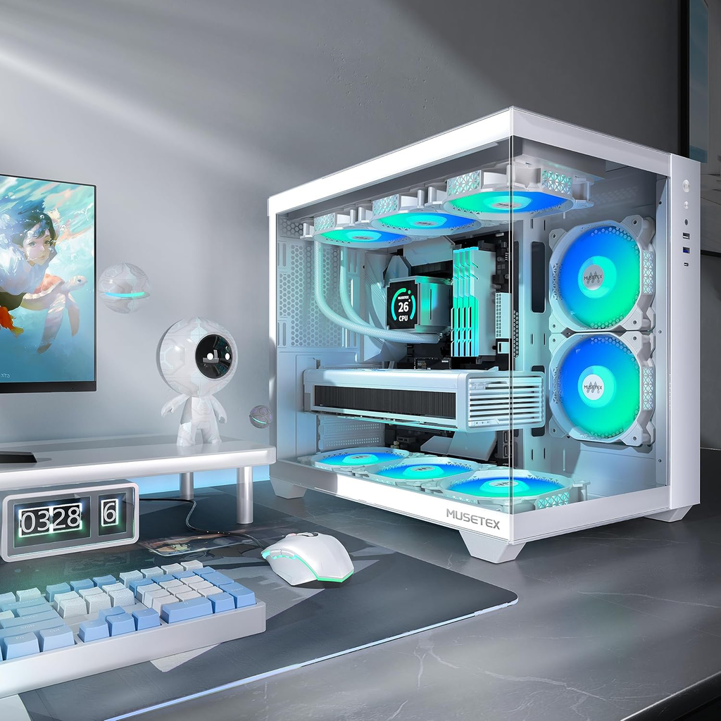 Boitier PC ATX,6 Ventilateurs PWM ARGB préinstallés,Support RAD 360MM Boitier PC Gamer,Type-C 270° Full View Verre trempé Mid Tower ATX Boîtiers PC, White, Y6