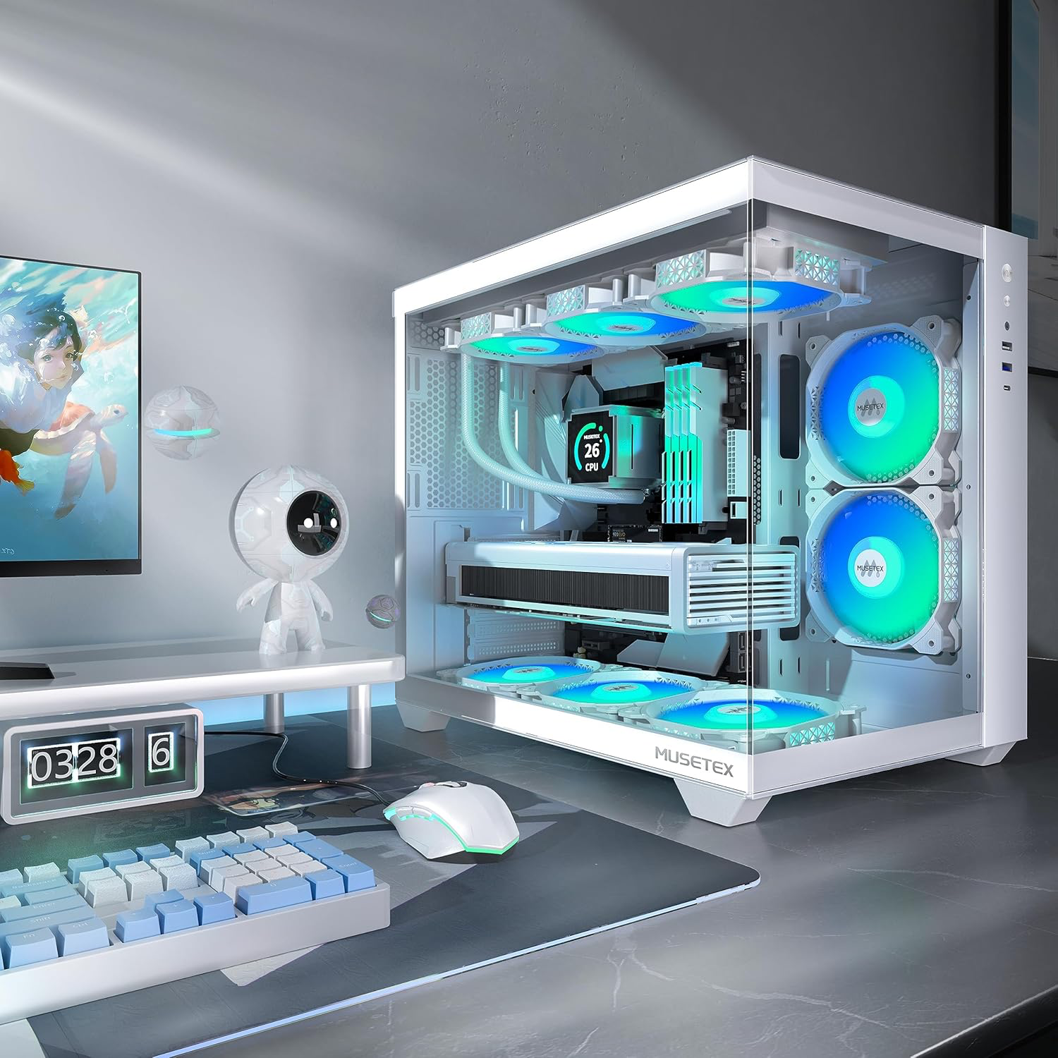 MUSETEX Boitier PC ATX,6 Ventilateurs PWM ARGB préinstallés,Support RAD 360MM Boitier PC Gamer,Type-C 270° Full View Verre trempé Mid Tower ATX Boîtiers PC, White, Y6