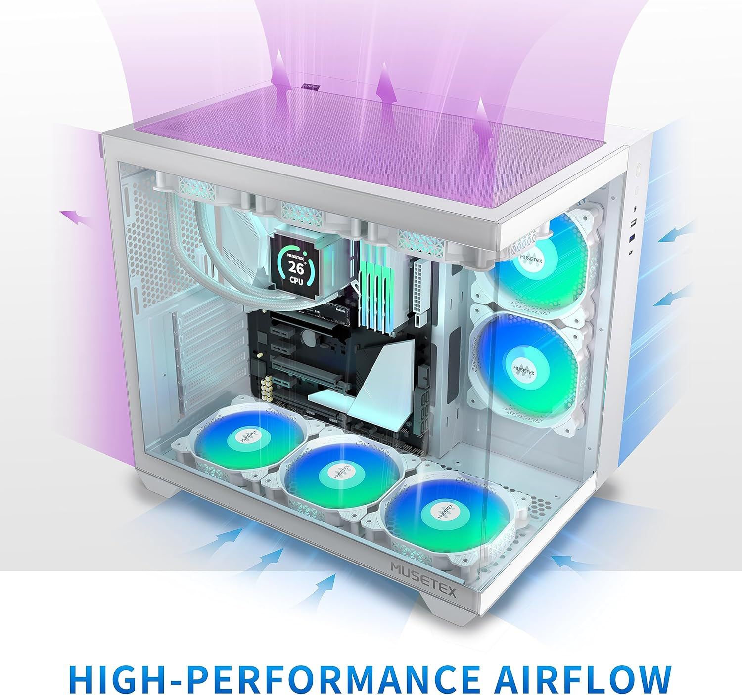 MUSETEX Boitier PC ATX,6 Ventilateurs PWM ARGB préinstallés,Support RAD 360MM Boitier PC Gamer,Type-C 270° Full View Verre trempé Mid Tower ATX Boîtiers PC, White, Y6