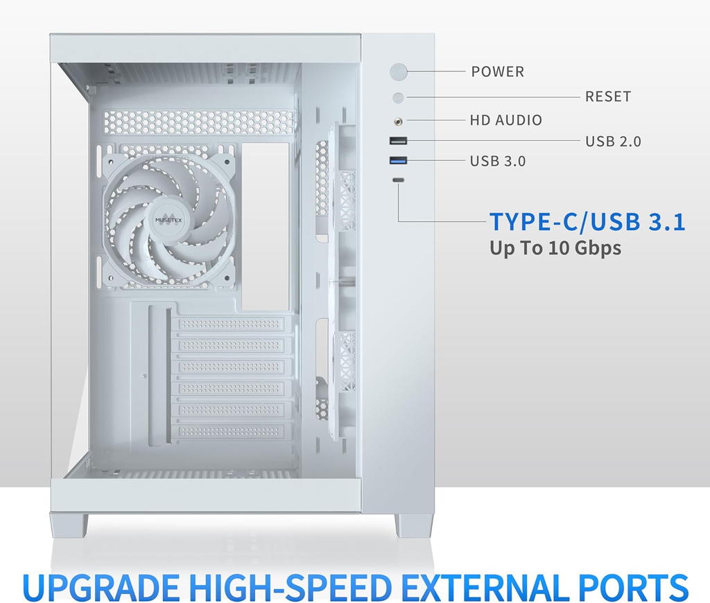 Boitier PC ATX,6 Ventilateurs PWM ARGB préinstallés,Support RAD 360MM Boitier PC Gamer,Type-C 270° Full View Verre trempé Mid Tower ATX Boîtiers PC, White, Y6