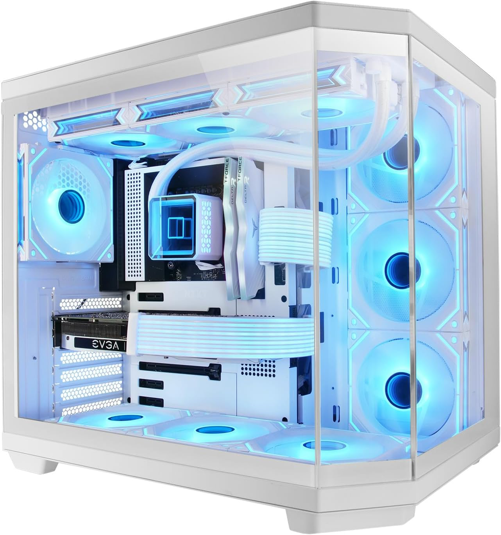 Boîtier Gaming Custom ATX, Triple Verre Trempé Amovible, Double Caméra, Semi-Tour Compatible avec Cartes-mères à Connecteurs Inversés, Support Refroidissement Liquide, Blanc
