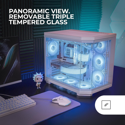 Boîtier Gaming Custom ATX, Triple Verre Trempé Amovible, Double Caméra, Semi-Tour Compatible avec Cartes-mères à Connecteurs Inversés, Support Refroidissement Liquide, Blanc