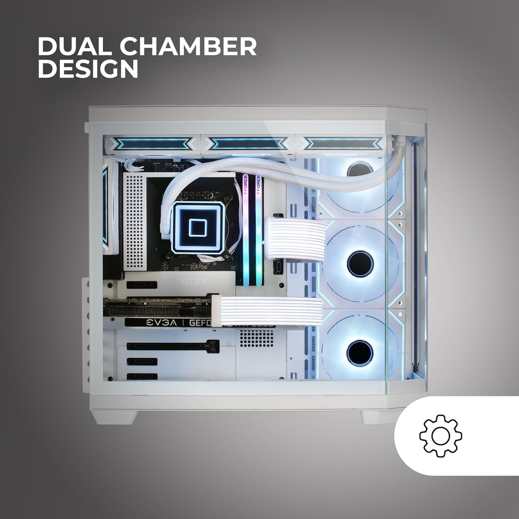 Boîtier Gaming Custom ATX, Triple Verre Trempé Amovible, Double Caméra, Semi-Tour Compatible avec Cartes-mères à Connecteurs Inversés, Support Refroidissement Liquide, Blanc