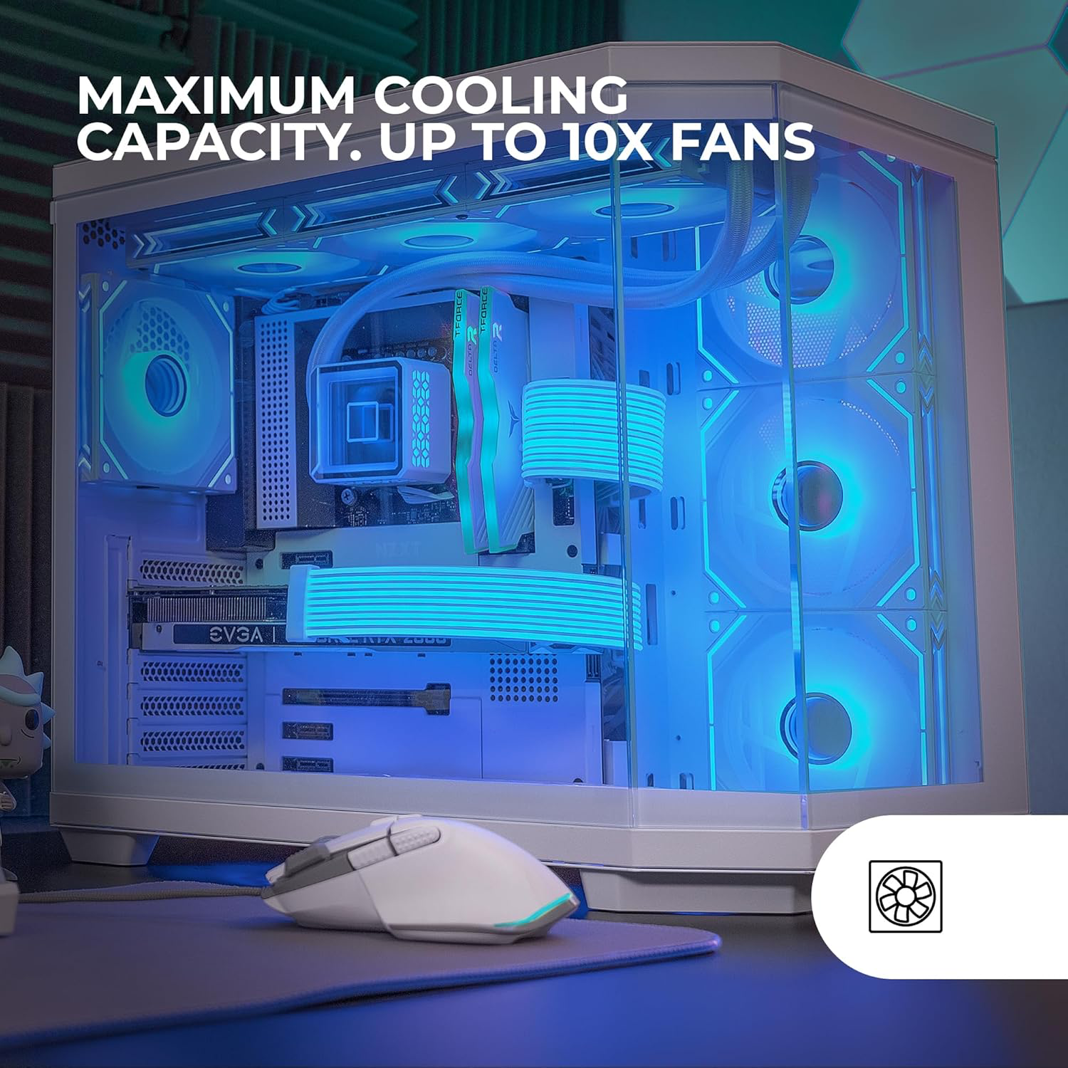 Boîtier Gaming Custom ATX, Triple Verre Trempé Amovible, Double Caméra, Semi-Tour Compatible avec Cartes-mères à Connecteurs Inversés, Support Refroidissement Liquide, Blanc