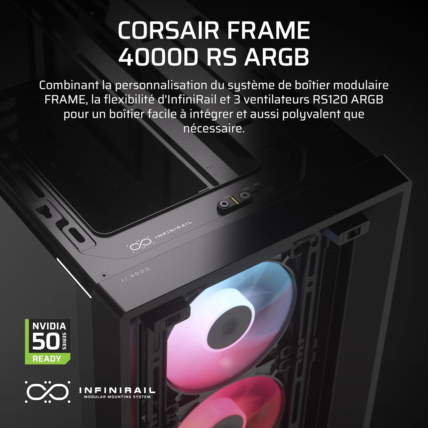 CORSAIR Frame 4000D RS ARGB Boîtier Modulaire ATX de Taille Moyenne – Débit d'air Élevé, 3X Ventilateurs RS ARGB Préinstallés
