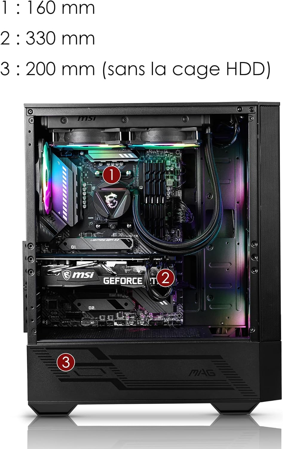 MSI: Boitier PC Gaming Moyen Tour Noir, 1x Ventilateur 120mm ARGB, Panneau Latéral en Verre Trempé, ATX, mATX, Mini-ITX