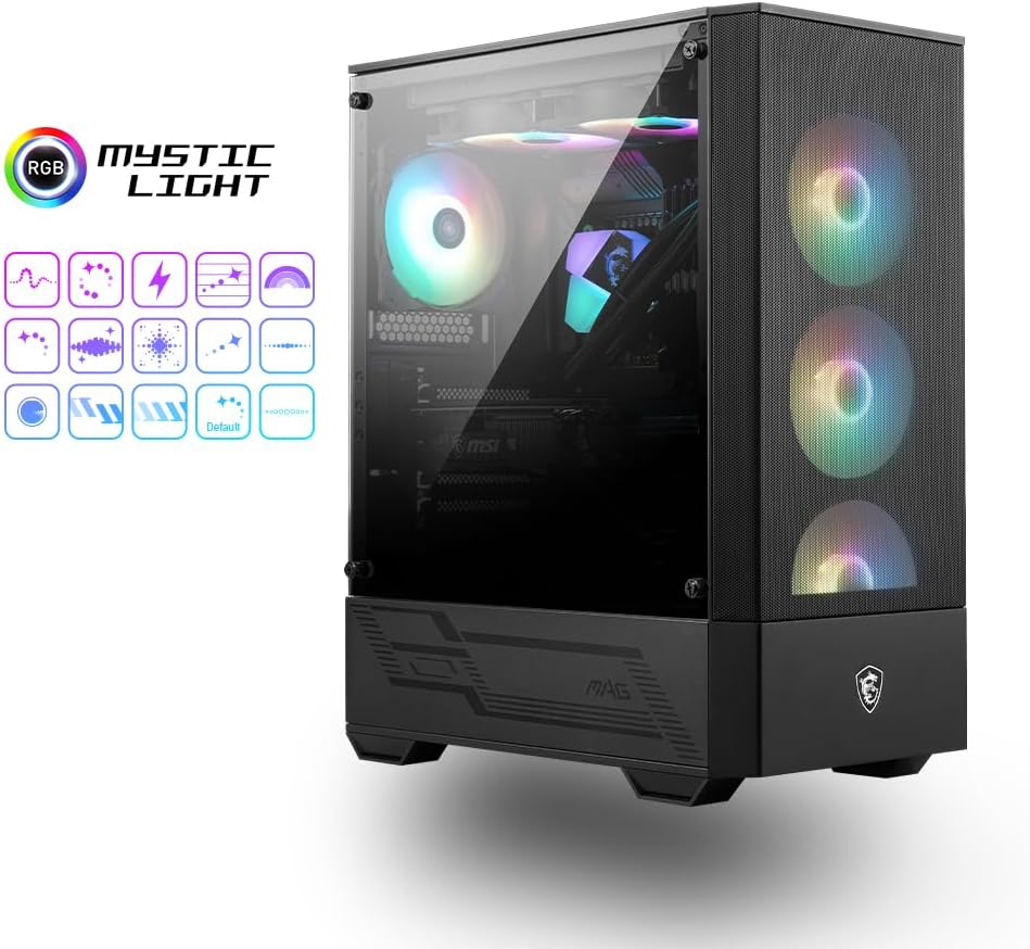 MSI: Boitier PC Gaming Moyen Tour Noir, 1x Ventilateur 120mm ARGB, Panneau Latéral en Verre Trempé, ATX, mATX, Mini-ITX