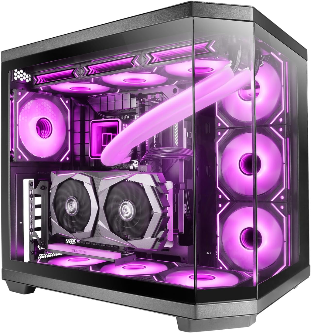 Boîtier Gaming Custom ATX, Triple Verre Trempé Amovible, Double Caméra, Semi-Tour Compatible avec Cartes-mères à Connecteurs Inversés, Support Refroidissement Liquide, Noir