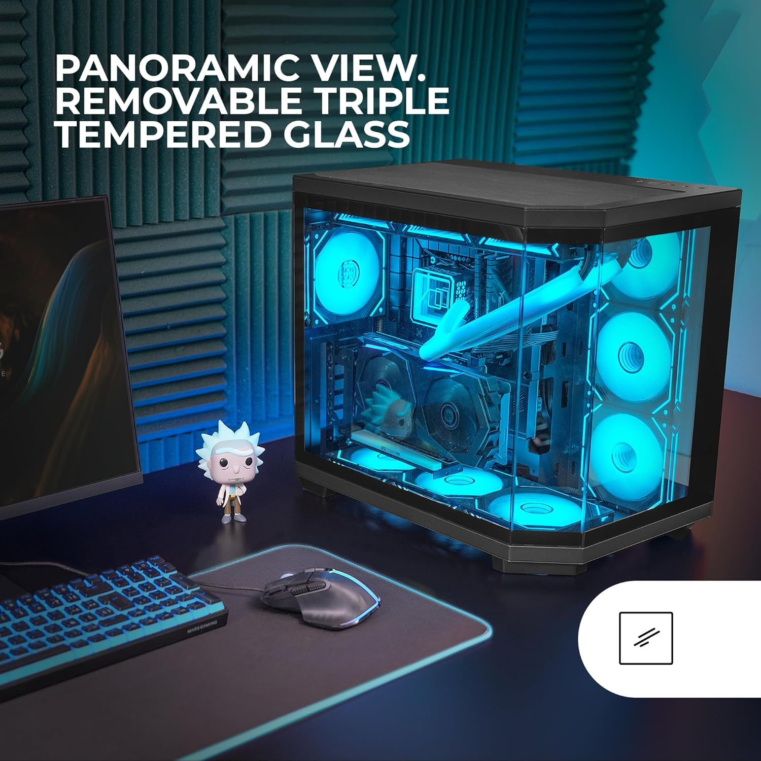 Boîtier Gaming Custom ATX, Triple Verre Trempé Amovible, Double Caméra, Semi-Tour Compatible avec Cartes-mères à Connecteurs Inversés, Support Refroidissement Liquide, Noir