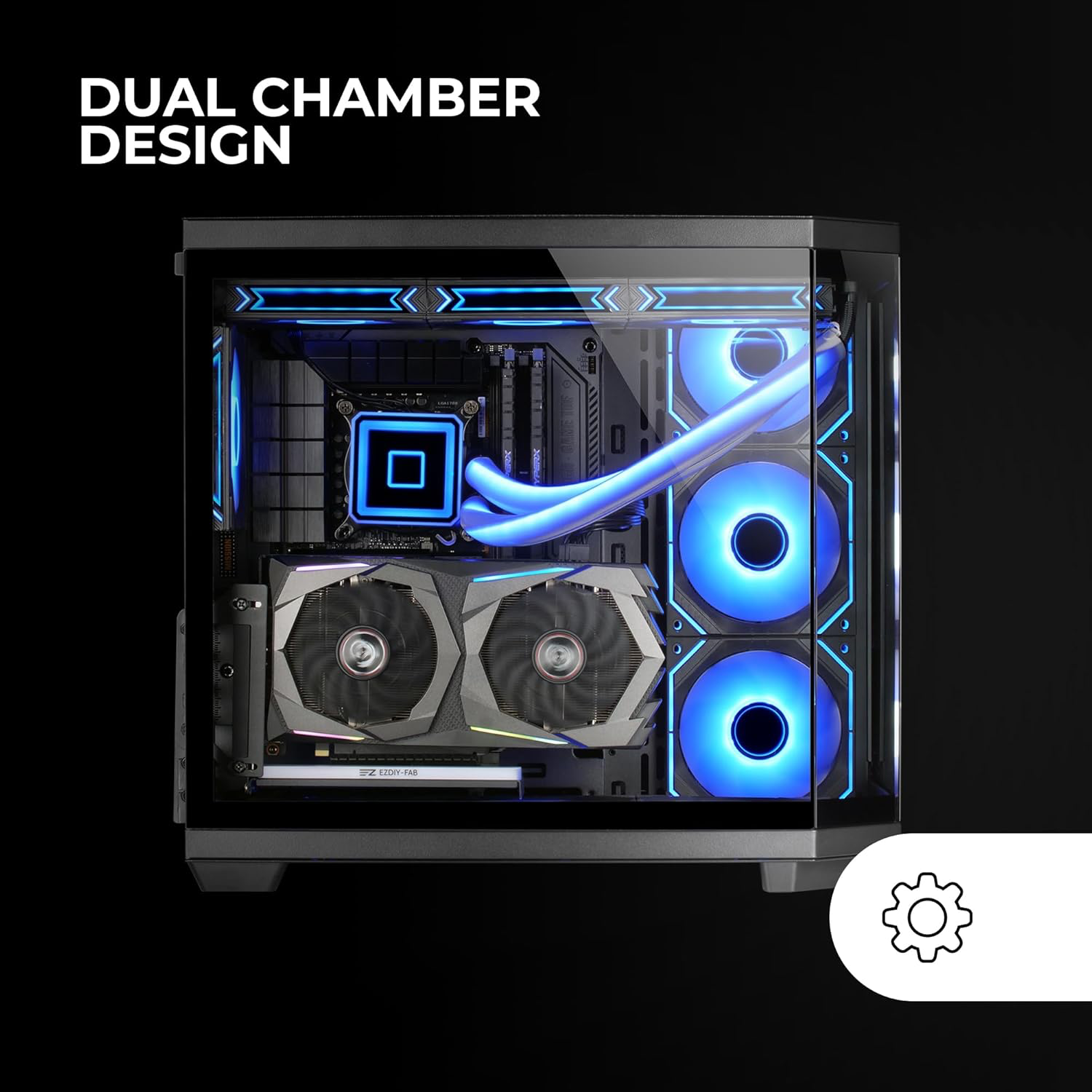 Boîtier Gaming Custom ATX, Triple Verre Trempé Amovible, Double Caméra, Semi-Tour Compatible avec Cartes-mères à Connecteurs Inversés, Support Refroidissement Liquide, Noir