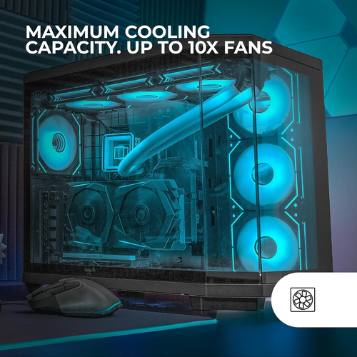 Boîtier Gaming Custom ATX, Triple Verre Trempé Amovible, Double Caméra, Semi-Tour Compatible avec Cartes-mères à Connecteurs Inversés, Support Refroidissement Liquide, Noir