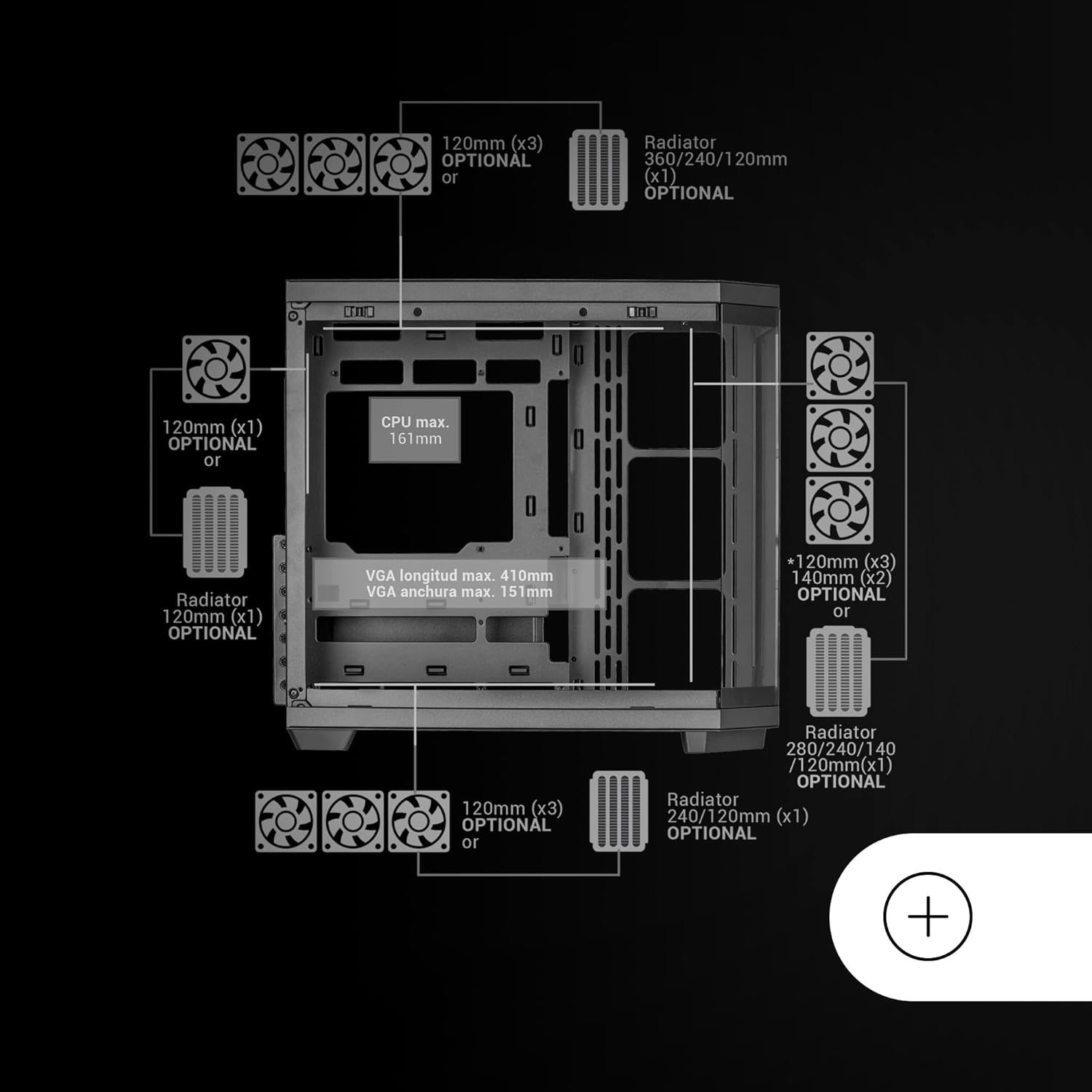 Mars Gaming MC-3TCORE, Boîtier Gaming Custom ATX, Triple Verre Trempé Amovible, Double Caméra, Semi-Tour Compatible avec Cartes-mères à Connecteurs Inversés, Support Refroidissement Liquide, Noir