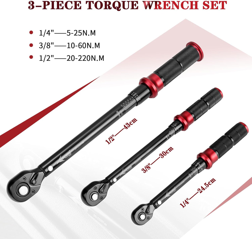 AEROFORCE Clé Dynamométrique 1/4" & 3/8" & 1/2", Clé Dynamométrique 5-25Nm, 10-60Nm, 20-220Nm, Précision ±3% avec 72 Dents Tête à Cliquet Réversible, 3 Pièces Kit D'entretien pour Vélo Moto y Auto