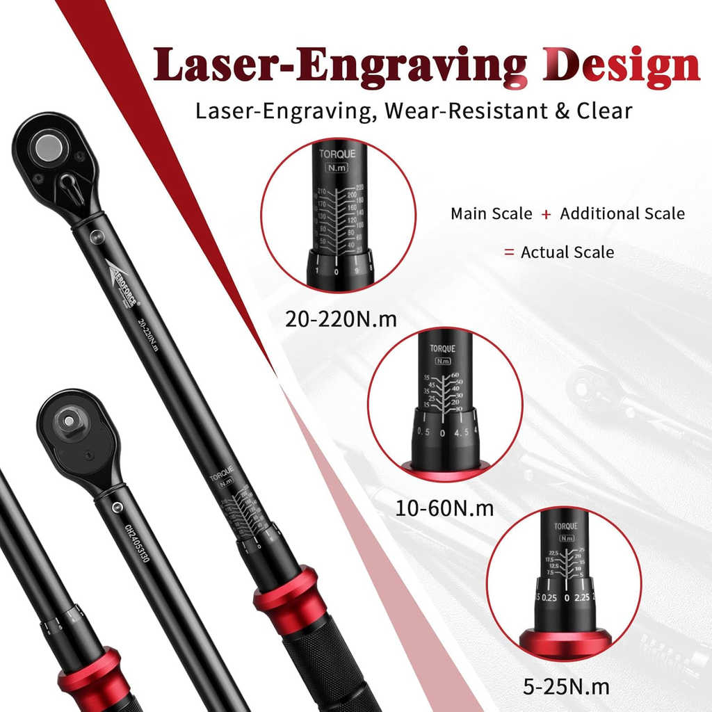 AEROFORCE Clé Dynamométrique 1/4" & 3/8" & 1/2", Clé Dynamométrique 5-25Nm, 10-60Nm, 20-220Nm, Précision ±3% avec 72 Dents Tête à Cliquet Réversible, 3 Pièces Kit D'entretien pour Vélo Moto y Auto