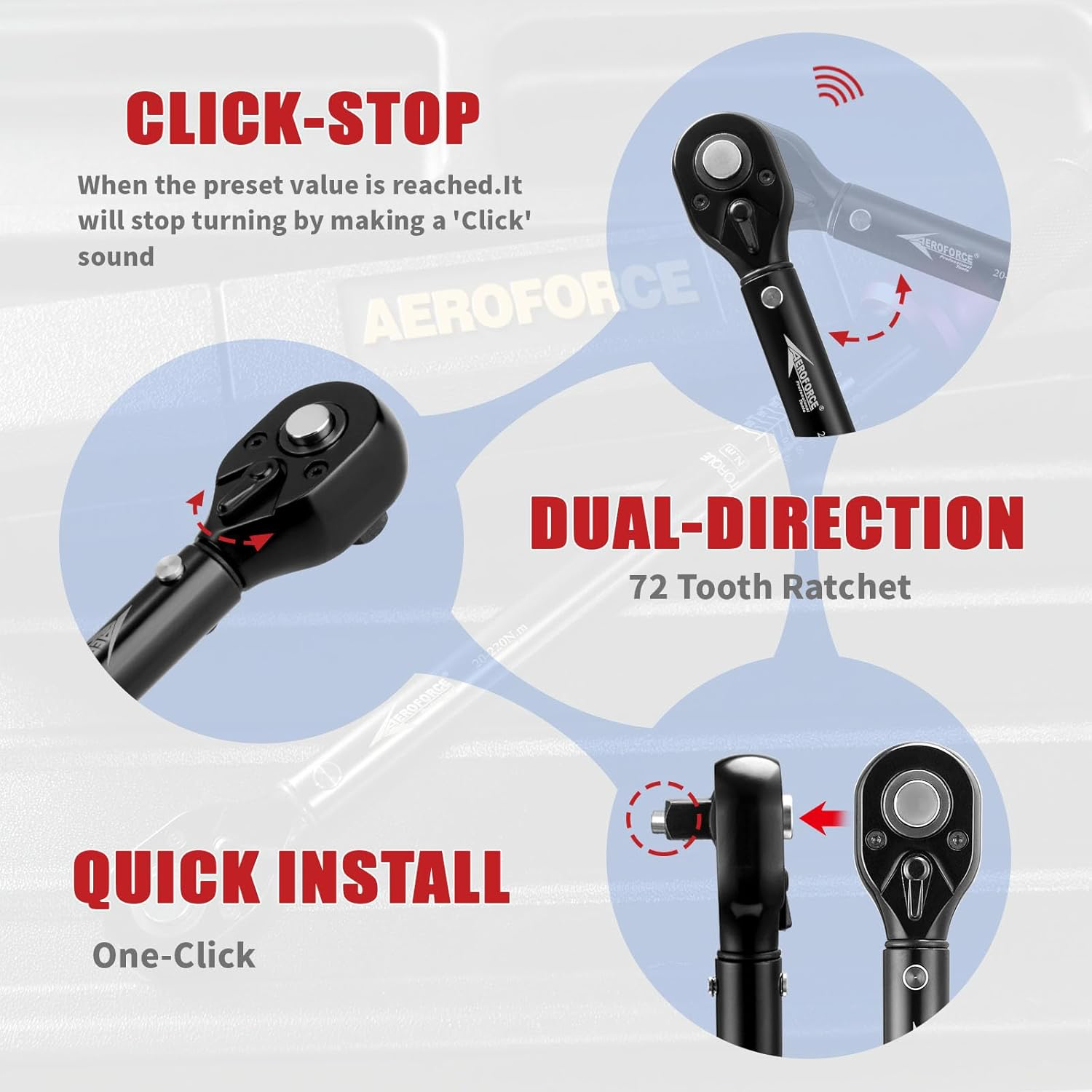 AEROFORCE Clé Dynamométrique 1/4" & 3/8" & 1/2", Clé Dynamométrique 5-25Nm, 10-60Nm, 20-220Nm, Précision ±3% avec 72 Dents Tête à Cliquet Réversible, 3 Pièces Kit D'entretien pour Vélo Moto y Auto