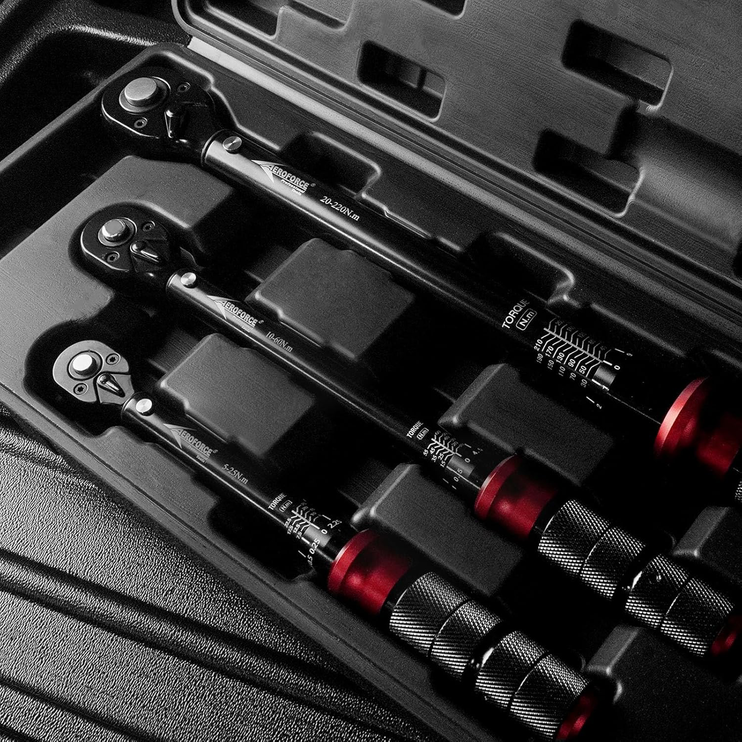 AEROFORCE Clé Dynamométrique 1/4" & 3/8" & 1/2", Clé Dynamométrique 5-25Nm, 10-60Nm, 20-220Nm, Précision ±3% avec 72 Dents Tête à Cliquet Réversible, 3 Pièces Kit D'entretien pour Vélo Moto y Auto