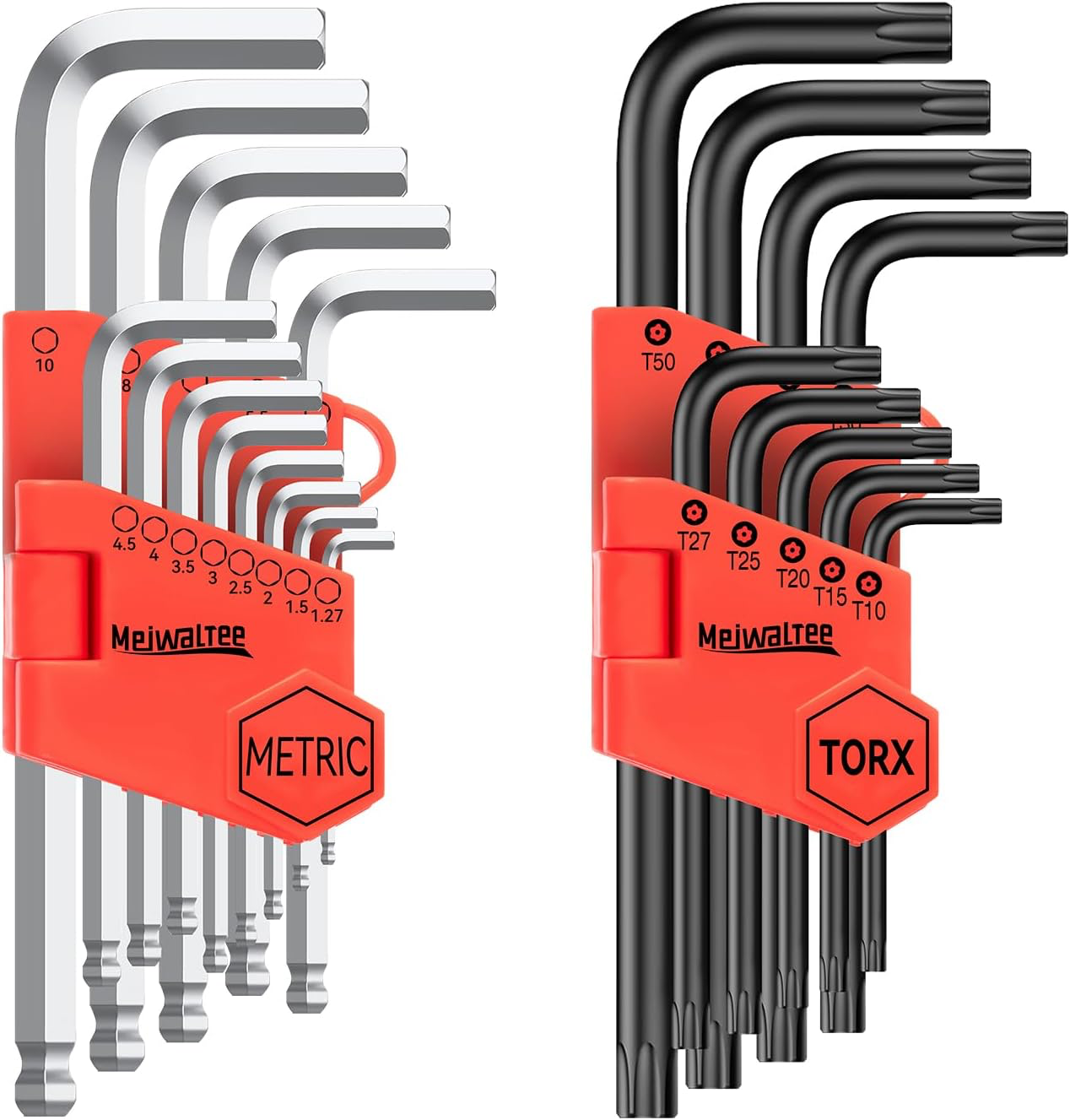 Meiwaltee Jeu de Clé Allen, 22PCS Métrique Clé Allen & Clés Torx Set de Clés Hexagonales HX 1,27mm -10mm & TX T10 -T50 Professionnelles Portable Pour Réparation de vélo voiture, Moto, Automobile