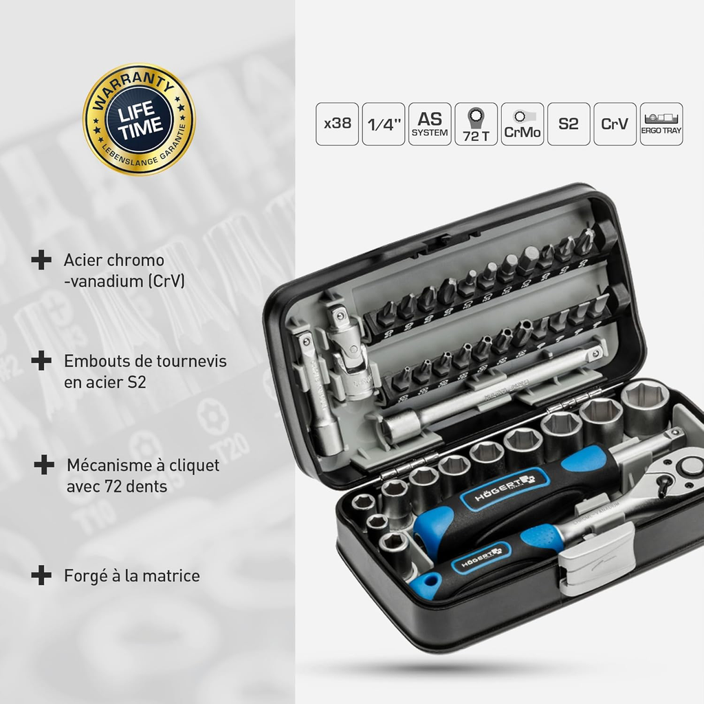 Coffret à outils Jeu de douilles tournevis à cliquet Noir/bleu 1/4"