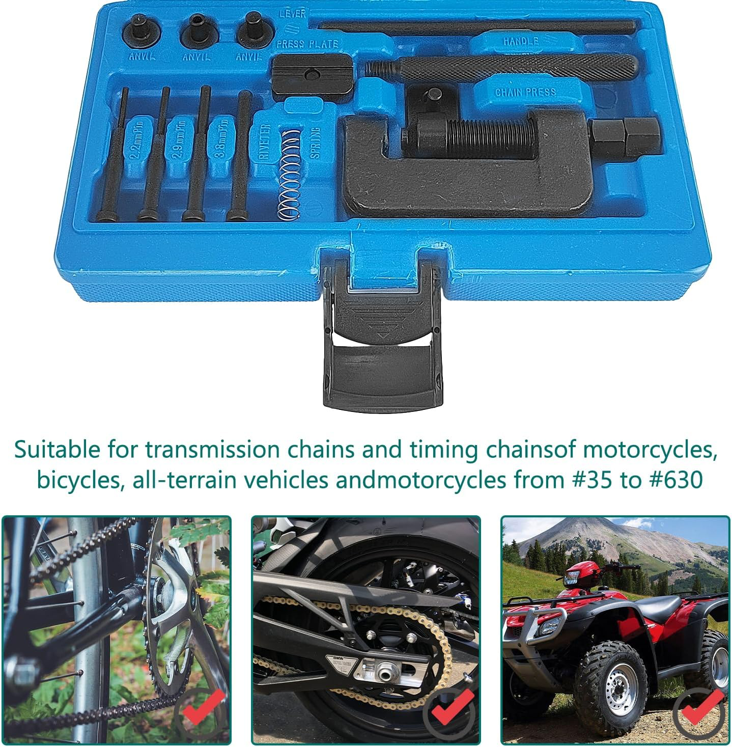 13 Pièces Kit Chaine Moto, Brise Chaîne Outil, Chaîne Rivet Outil, Moto Chaîne Riveteuse Diviseur, Outil de Rivetage, avec 3 Pointes de Séparation, pour Motos, vélo