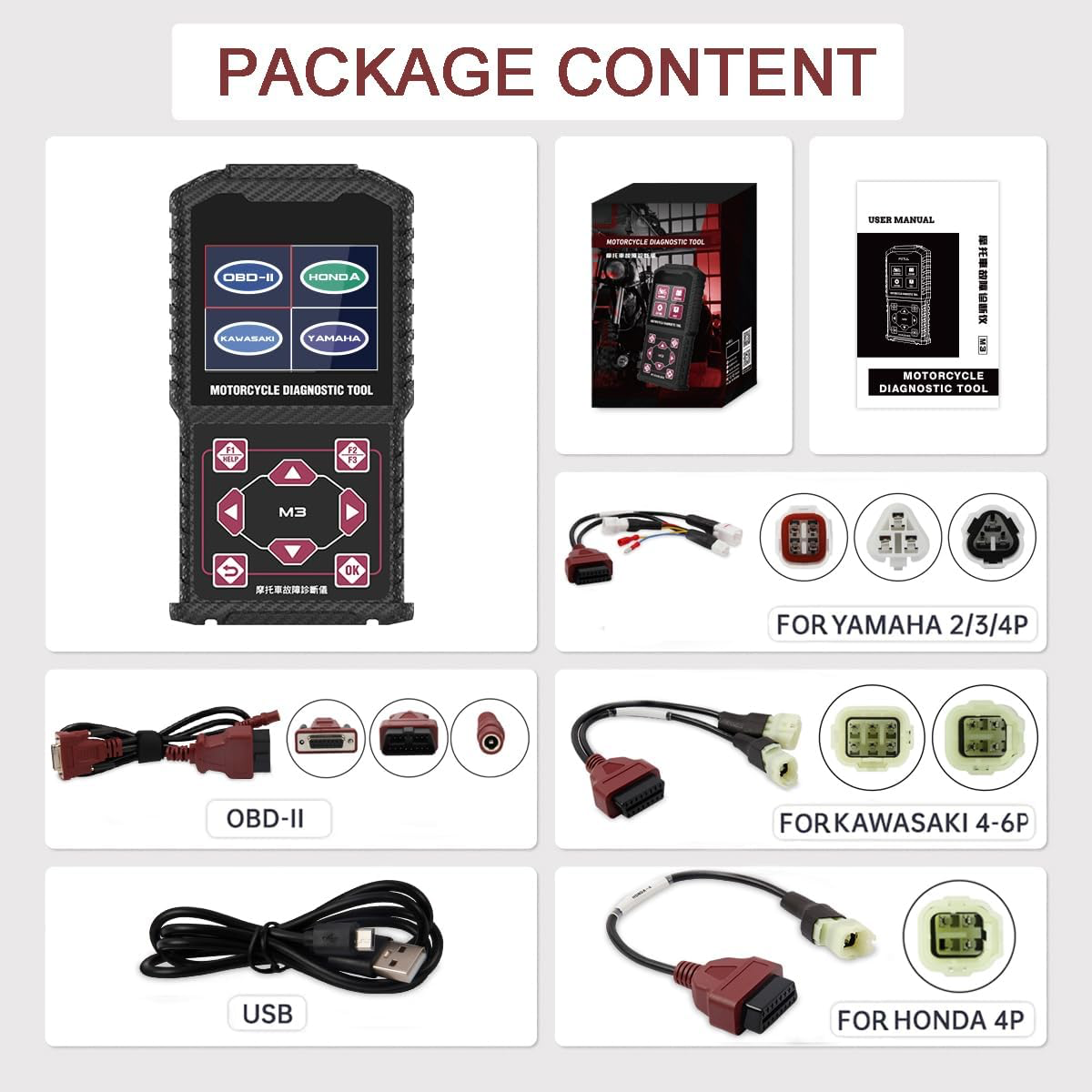 MRCARTOOL Outil de Diagnostic pour Moto OBD2 Moto Scanner pour Yamaha Lecteur de Code de Défaut OBDII pour Kawasaki Moto Outil de Analyseur, Codes d'erreur Clair, Mise à Jour Gratuite du Logiciel