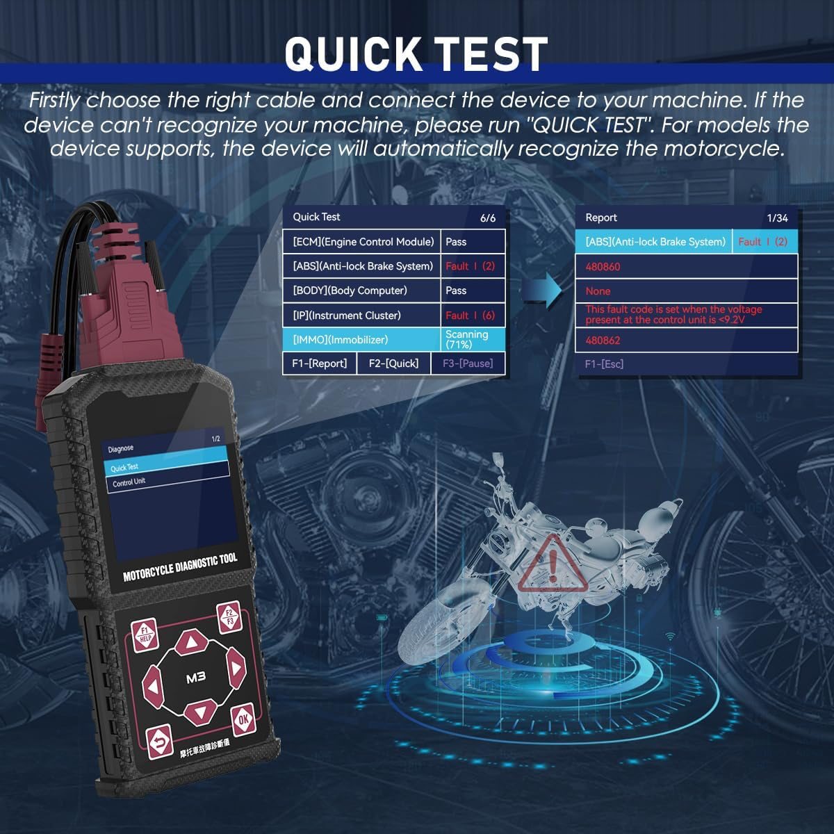 MRCARTOOL Outil de Diagnostic pour Moto OBD2 Moto Scanner pour Yamaha Lecteur de Code de Défaut OBDII pour Kawasaki Moto Outil de Analyseur, Codes d'erreur Clair, Mise à Jour Gratuite du Logiciel
