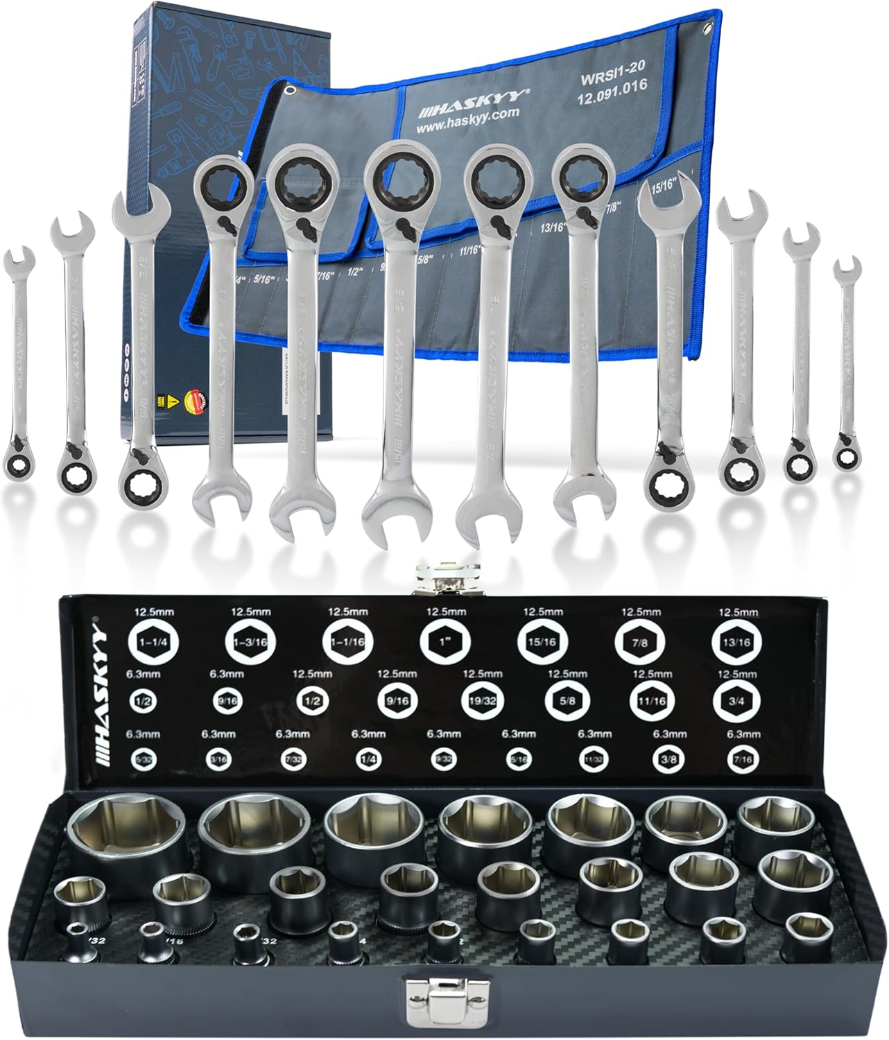 HASKYY Jeu d'outils en pouces 24 pièces clés à douille 5/32"-1,1/4" et clé à cliquet 12 pièces 1/4"-15/16" avec angle de travail 15°