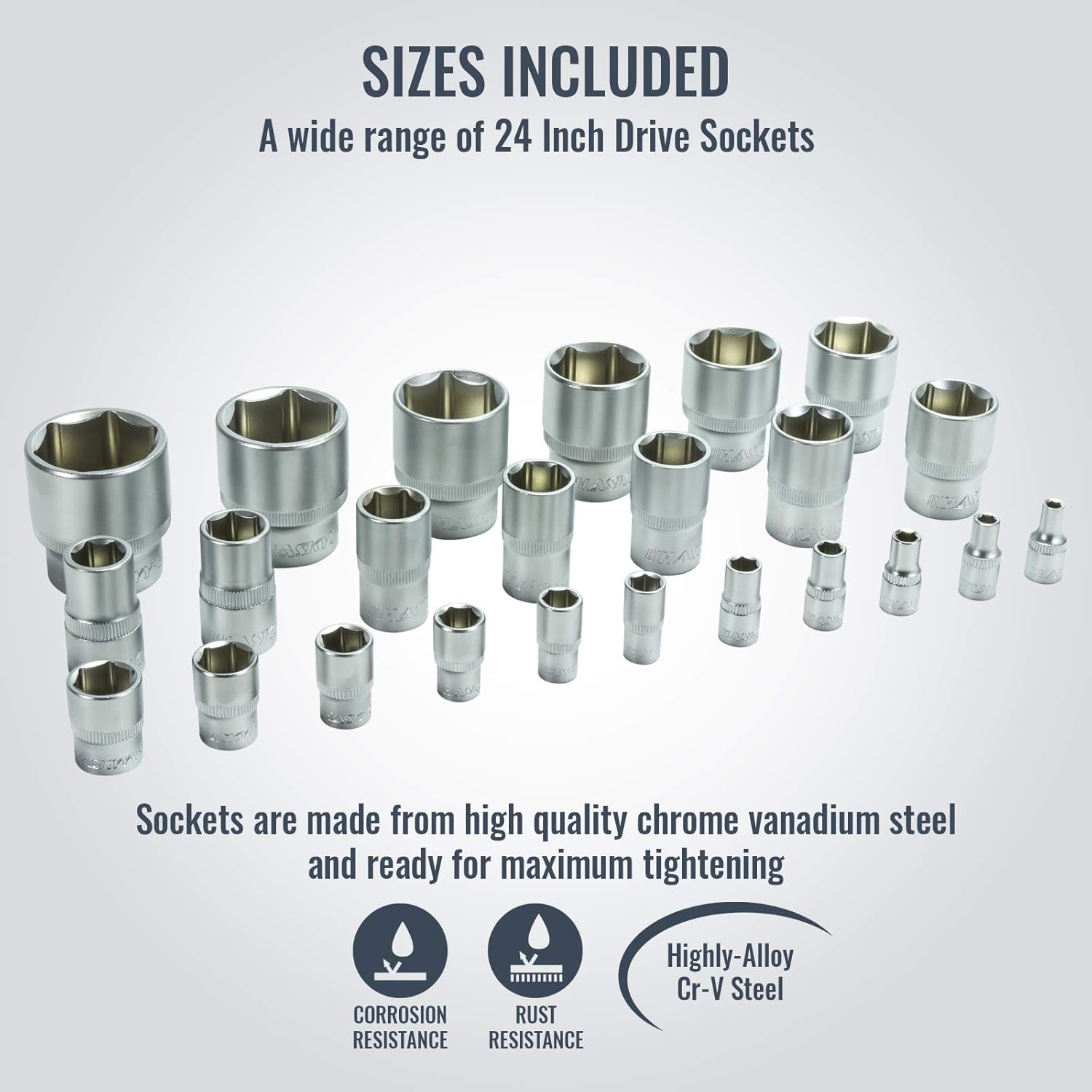 HASKYY Jeu d'outils en pouces 24 pièces clés à douille 5/32"-1,1/4" et clé à cliquet 12 pièces 1/4"-15/16" avec angle de travail 15°