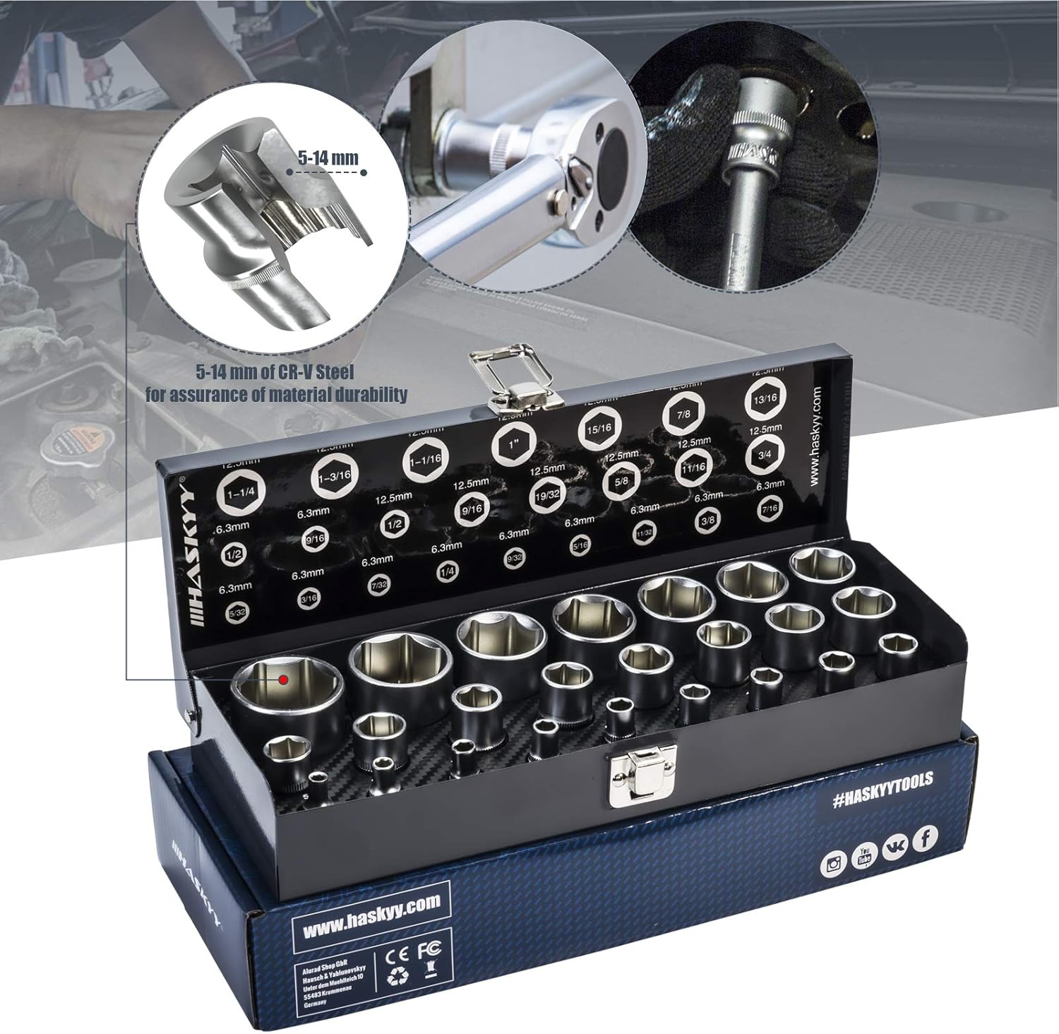 HASKYY Jeu d'outils en pouces 24 pièces clés à douille 5/32"-1,1/4" et clé à cliquet 12 pièces 1/4"-15/16" avec angle de travail 15°