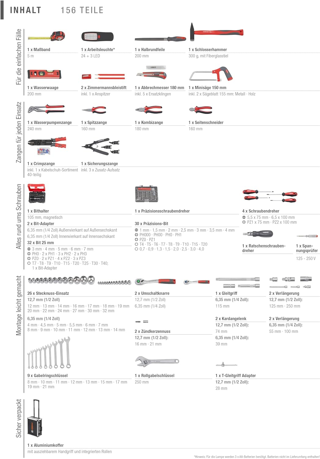Chariot à outils 156 pièces - Ensemble d'outils - Avec roulettes - Poignée télescopique / Mallette à outils professionnelle remplie / Boîte à outils roulante