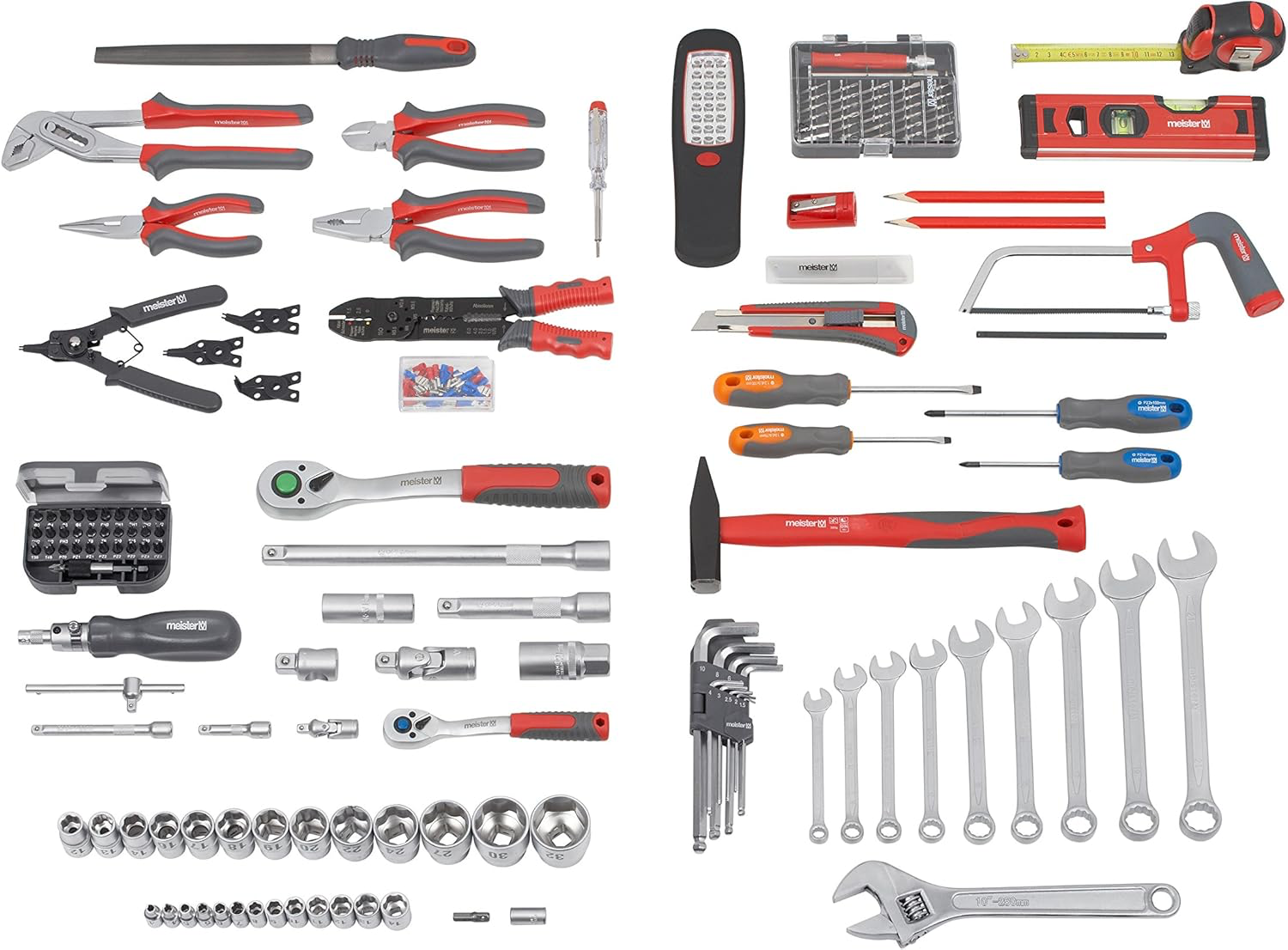 Meister Chariot à outils 156 pièces - Ensemble d'outils - Avec roulettes - Poignée télescopique / Mallette à outils professionnelle remplie / Boîte à outils roulante