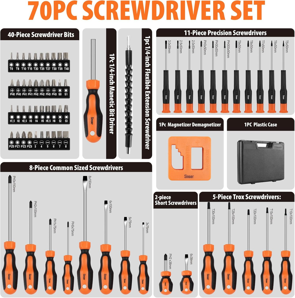 Lot de 70 tournevis magnétiques avec étui, comprend des tournevis à fente, Phillips, Torx, hexagonal, carré, pozidriv et tournevis de précision