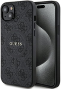 Guess Coque pour iPhone 15 6,1" Noir Coque rigide 4G Collection Cuir Metal Logo