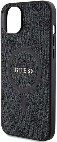 Guess Coque pour iPhone 15 6,1" Noir Coque rigide 4G Collection Cuir Metal Logo