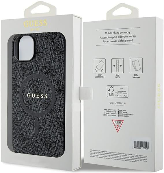 Guess Coque pour iPhone 15 6,1" Noir Coque rigide 4G Collection Cuir Metal Logo