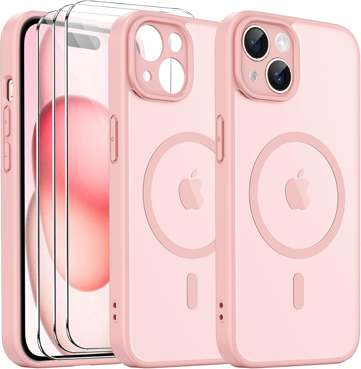 Coque Magnétique pour iPhone 15 6,1 Pouces, Étui Housse Arrière Translucide Givrée, avec 3 Verre Trempé et Outil d'Installation Facile, Compatible avec MagSafe - Rose Clair