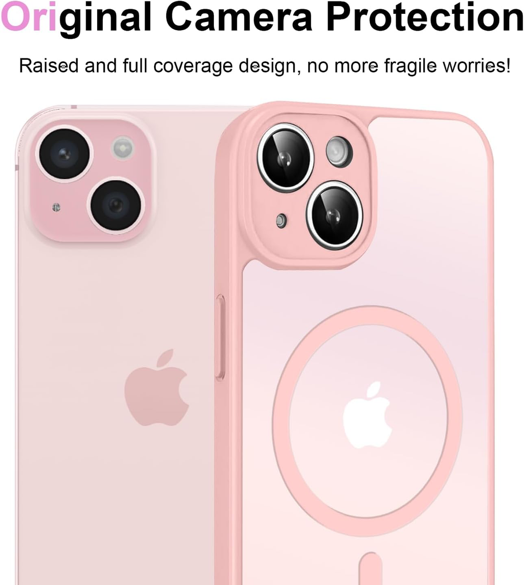 Coque Magnétique pour iPhone 15 6,1 Pouces, Étui Housse Arrière Translucide Givrée, avec 3 Verre Trempé et Outil d'Installation Facile, Compatible avec MagSafe - Rose Clair
