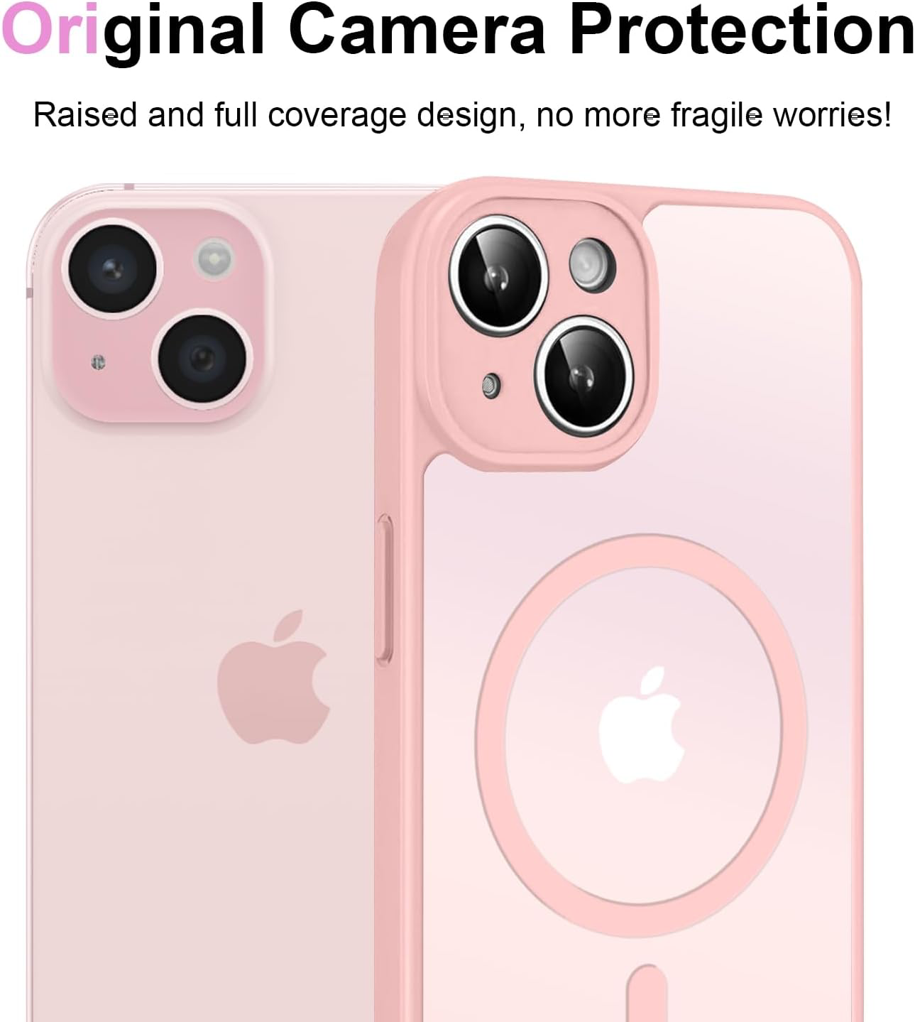 Coque Magnétique pour iPhone 15 6,1 Pouces, Étui Housse Arrière Translucide Givrée, avec 3 Verre Trempé et Outil d'Installation Facile, Compatible avec MagSafe - Rose Clair