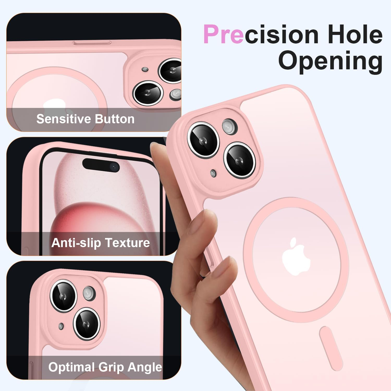 Coque Magnétique pour iPhone 15 6,1 Pouces, Étui Housse Arrière Translucide Givrée, avec 3 Verre Trempé et Outil d'Installation Facile, Compatible avec MagSafe - Rose Clair