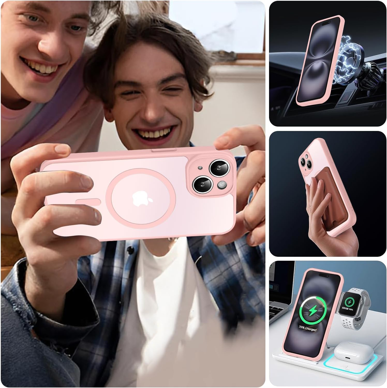 Coque Magnétique pour iPhone 15 6,1 Pouces, Étui Housse Arrière Translucide Givrée, avec 3 Verre Trempé et Outil d'Installation Facile, Compatible avec MagSafe - Rose Clair