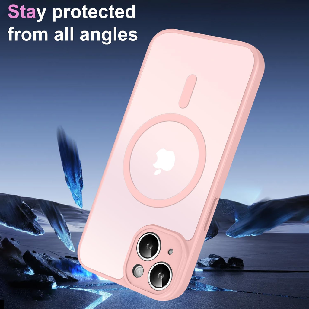 Coque Magnétique pour iPhone 15 6,1 Pouces, Étui Housse Arrière Translucide Givrée, avec 3 Verre Trempé et Outil d'Installation Facile, Compatible avec MagSafe - Rose Clair