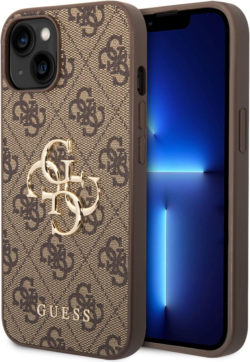 Guess Coque Rigide pour iPhone 15 6,1" Marron 4G Big Metal Logo