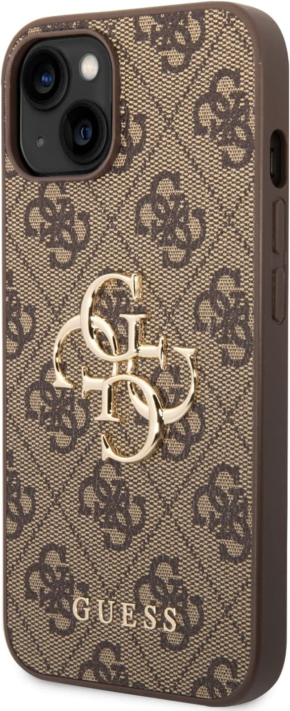 Guess Coque Rigide pour iPhone 15 6,1" Marron 4G Big Metal Logo