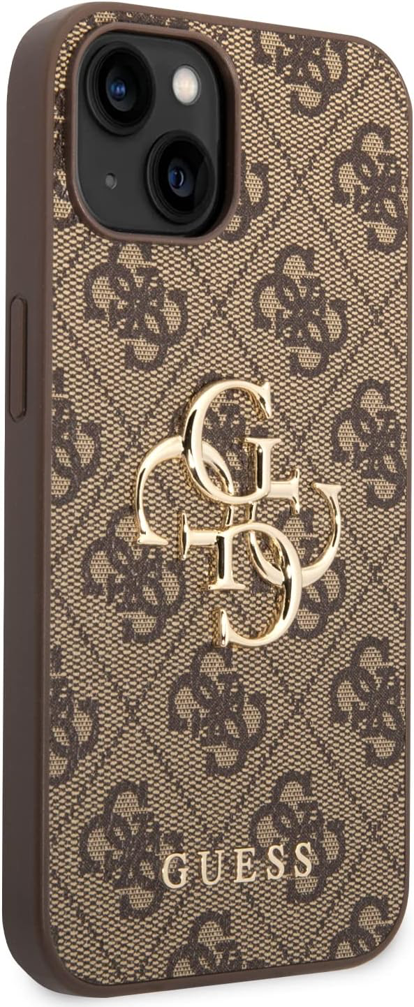 Guess Coque Rigide pour iPhone 15 6,1" Marron 4G Big Metal Logo
