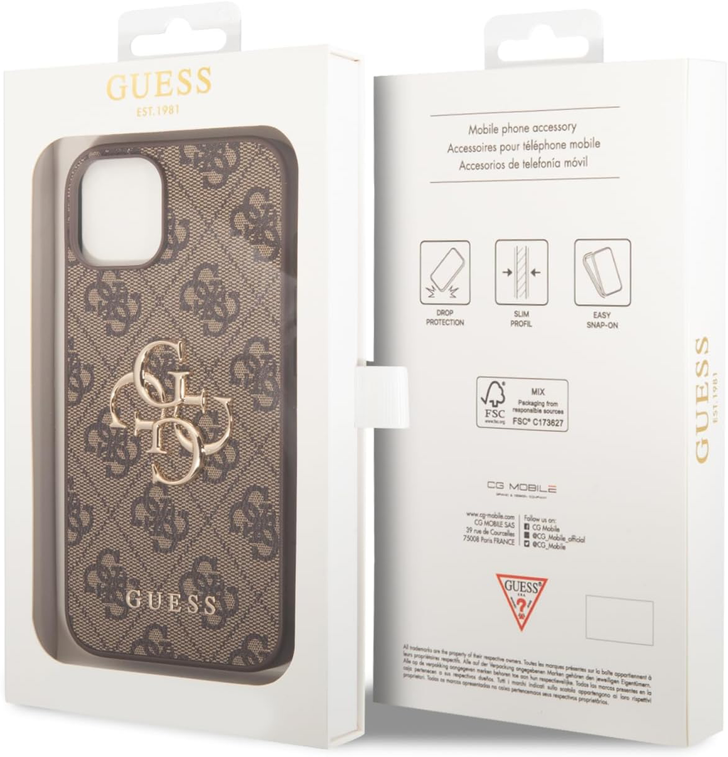 Guess Coque Rigide pour iPhone 15 6,1" Marron 4G Big Metal Logo