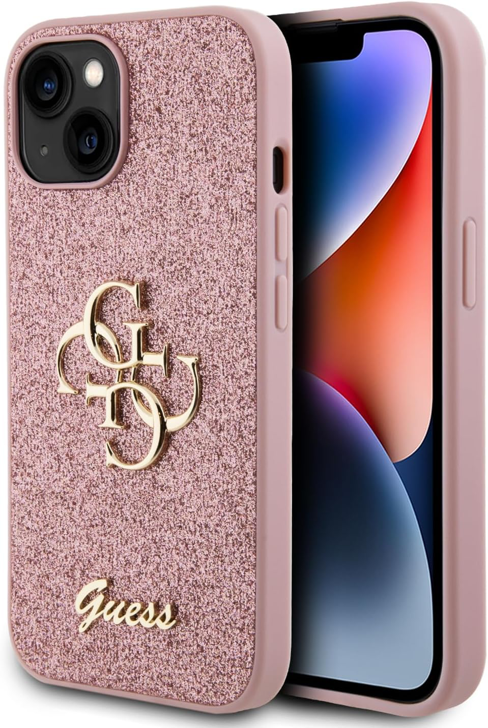 Guess Coque pour iPhone 15 6,1" Coque Rigide Rose Paillettes Script Grand 4G
