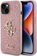 Guess Coque pour iPhone 15 6,1" Coque Rigide Rose Paillettes Script Grand 4G